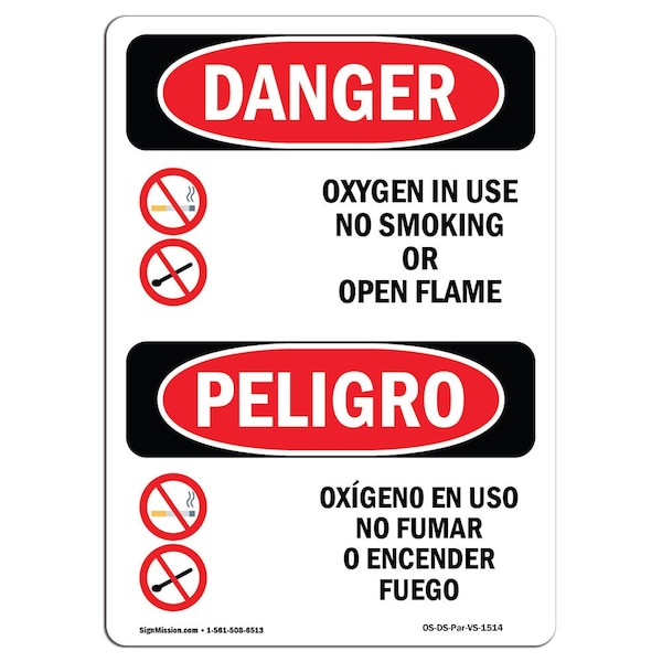 Safety Sign, OSHA Danger, 24" Height, Aluminum, Oxygen No Smoking Open Flame Spanish